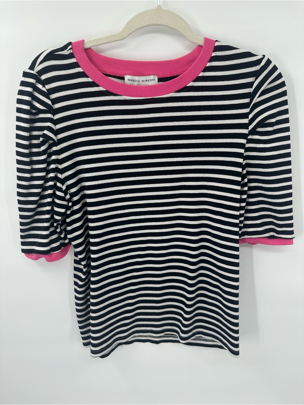 Rebecca Minkoff Ribbed Striped Puff Sleeve Top Large Black White Pink Cotton Str - Picture 2 of 9